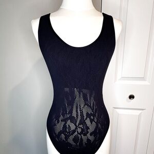 Free People Cutout Plunge Black Thong Lace Texture Bodysuit